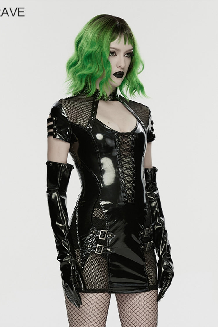 Black Stand Collar Short Sleeves Spliced Lace-Up Slim Mesh Buckled Women's Punk Handsome Dress - Product - 3