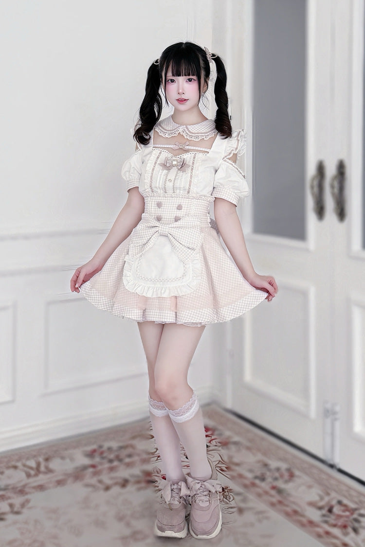 Jirai Kei Square Collar Off Shoulder Short Sleeves Printed Bow Sweet Maid Skirt Set 2 Colors - Product - 7