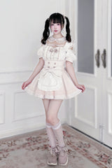 Jirai Kei Square Collar Off Shoulder Short Sleeves Printed Bow Sweet Maid Skirt Set 2 Colors - Product - 7