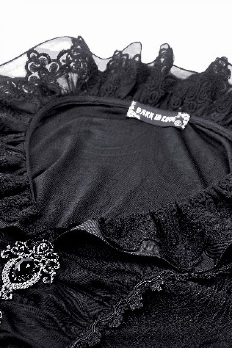 Black Lace Ruffled V Stand Collar Long Flared Sleeves Jacquard Women's Gothic Blouse - Product - 13