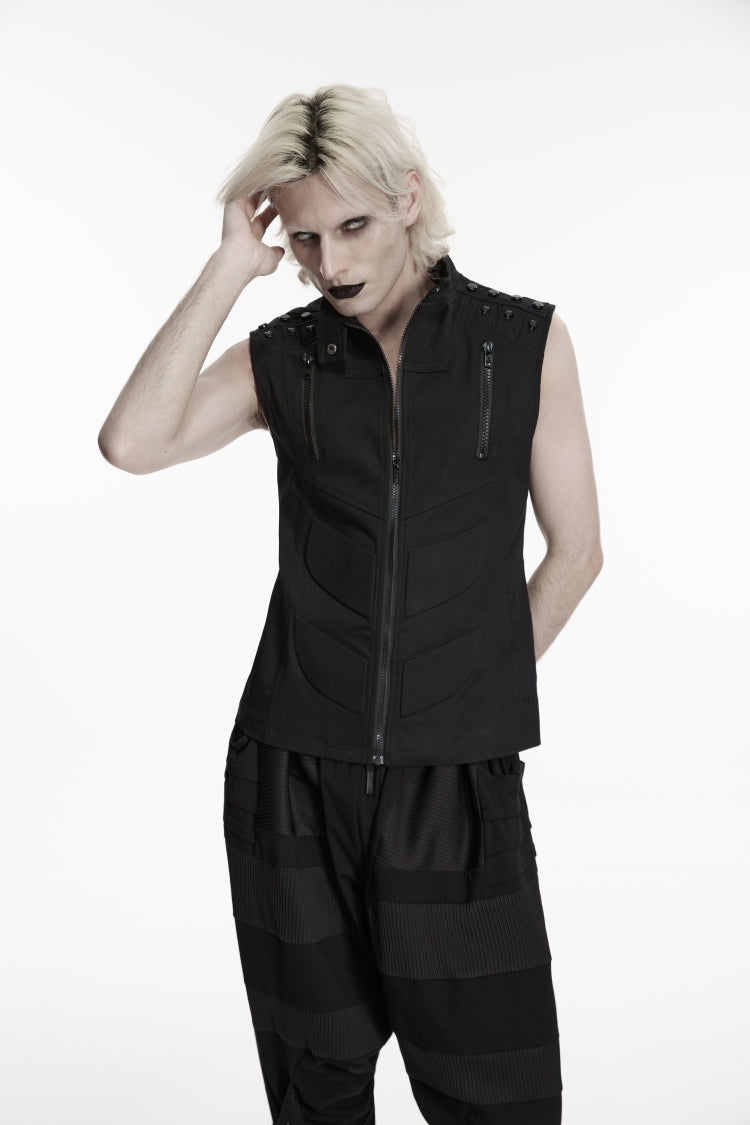 Black Stand Collar Sleeveless Studded Zippered Men's Punk Handsome Vest - Product - 8