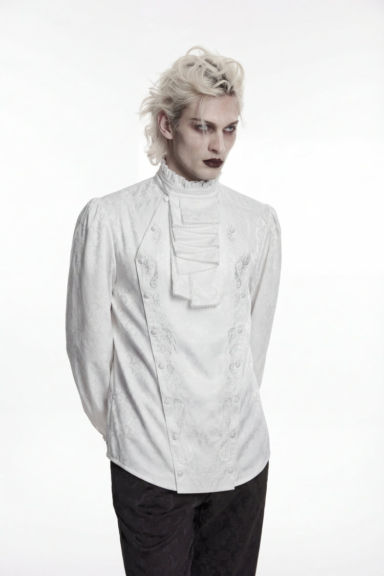 White Stand Collar Long Lantern Sleeves Jacquard Embroidered  Men's Gothic Palace Shirt with Detachable Tie - Product - 8