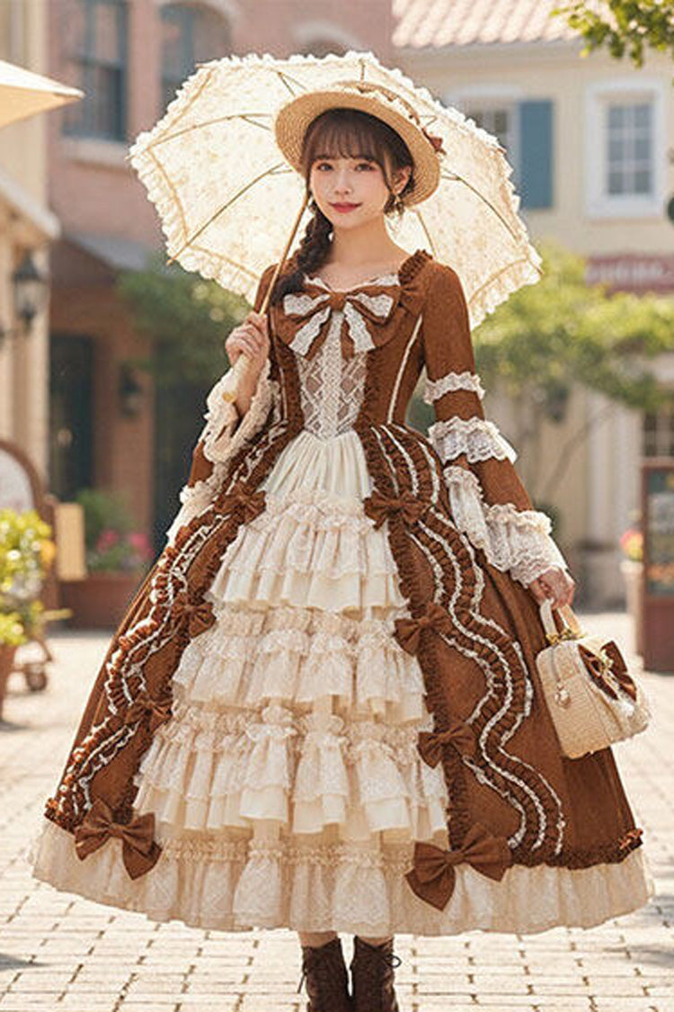 Sweet Long Sleeves Multi-Layered Ruffled Open-Front Bow Lace Princess Lolita Victorian Dress 5 Colors - Brown - 5