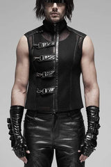 Black Punk Rough No Elasticity Woven Mesh Metal Buckle Belts Decoration Perspective Sleeveless Metal Zipper Men's Vest - Black - 1