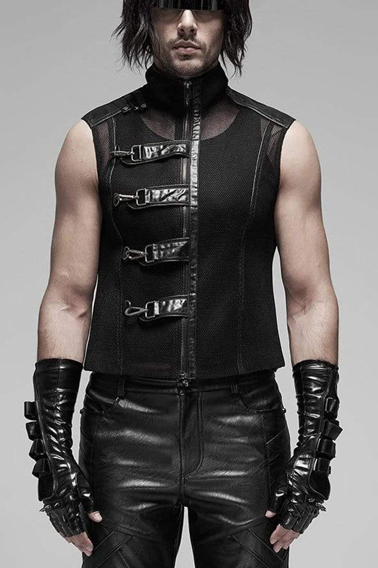 Black Punk Rough No Elasticity Woven Mesh Metal Buckle Belts Decoration Perspective Sleeveless Metal Zipper Men's Vest - Black - 1