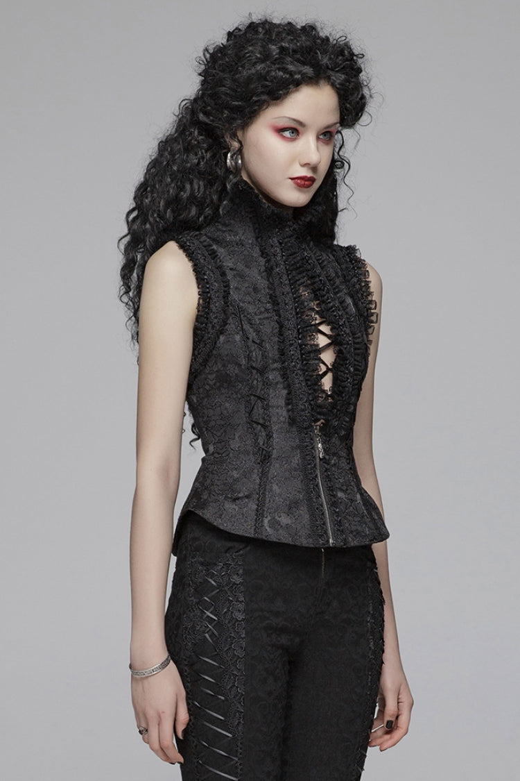 Black Stand Collar Sleeveless Floral Embroidery Lace Mesh Women's Gothic Waistcoat - Product - 2