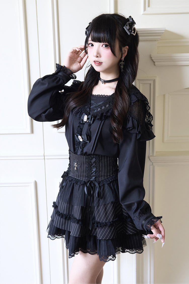 Jirai Kei Navy Collar Long Sleeves Bowknot Lace Sweet Japanese Blouse 3 Colors - Product - 2