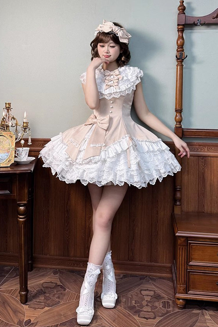 Champagne [Miss Tsundere] Sleeveless Multi-Layered Ruffle Bowknot Lace Asymmetric Sweet Princess Lolita Dress - Product - 4