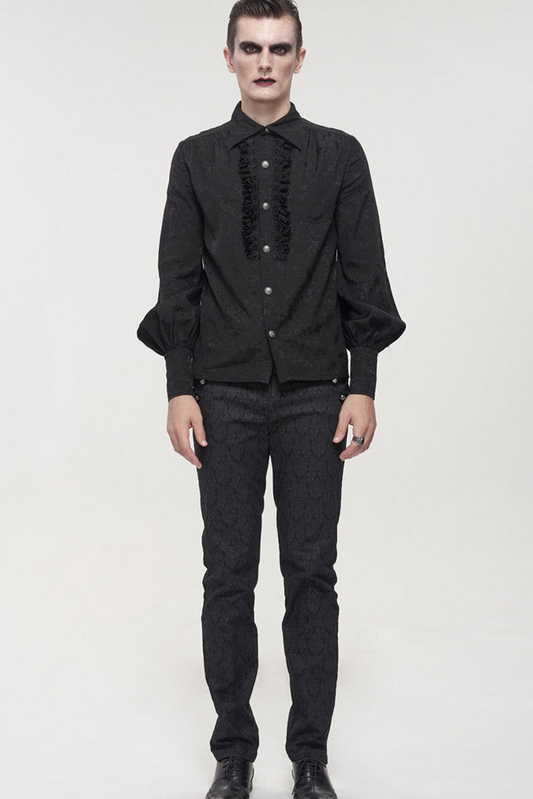 Black Gothic Metal Pattern Buckle Long Sleeve Pleated Lace Lantern Shape Printing Pattern Men's Shirt - Product - 5