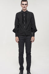 Black Gothic Metal Pattern Buckle Long Sleeve Pleated Lace Lantern Shape Printing Pattern Men's Shirt - Product - 5