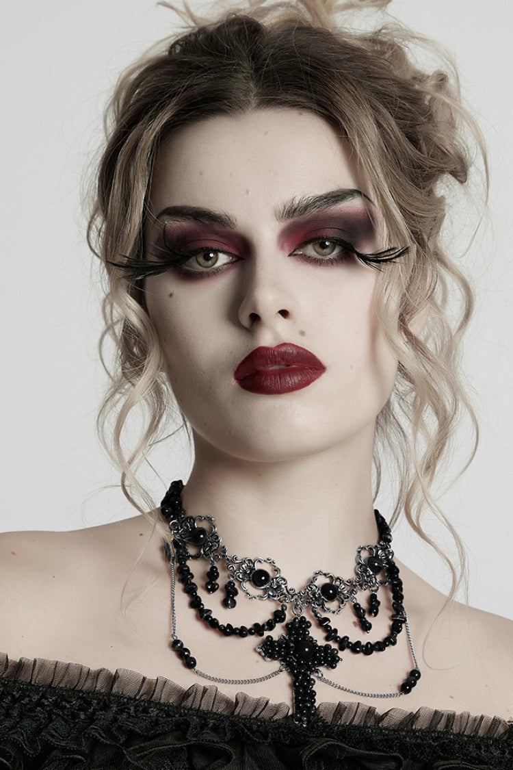 Black Irregular Beaded Cross Women's Punk Necklace - Product - 2
