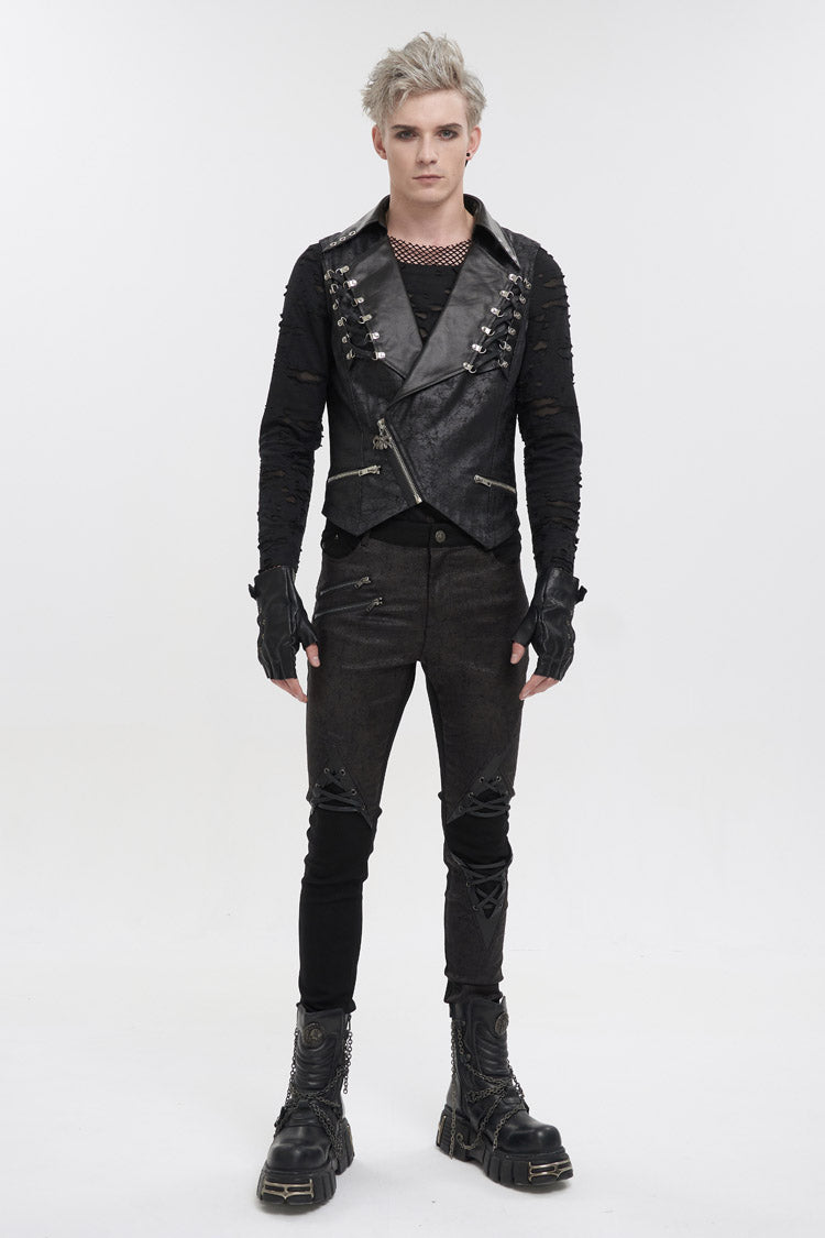 Black Lapel Fitted Atomized Crack Front Chest Crossover Rope Men's Punk Vest - Product - 3