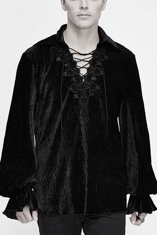 Black Velvet Elastic Lantern Sleeves Mens Gothic Blouse - Black - 1