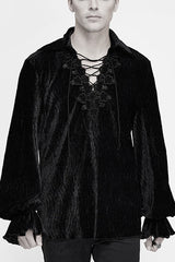 Black Velvet Elastic Lantern Sleeves Mens Gothic Blouse - Black - 1