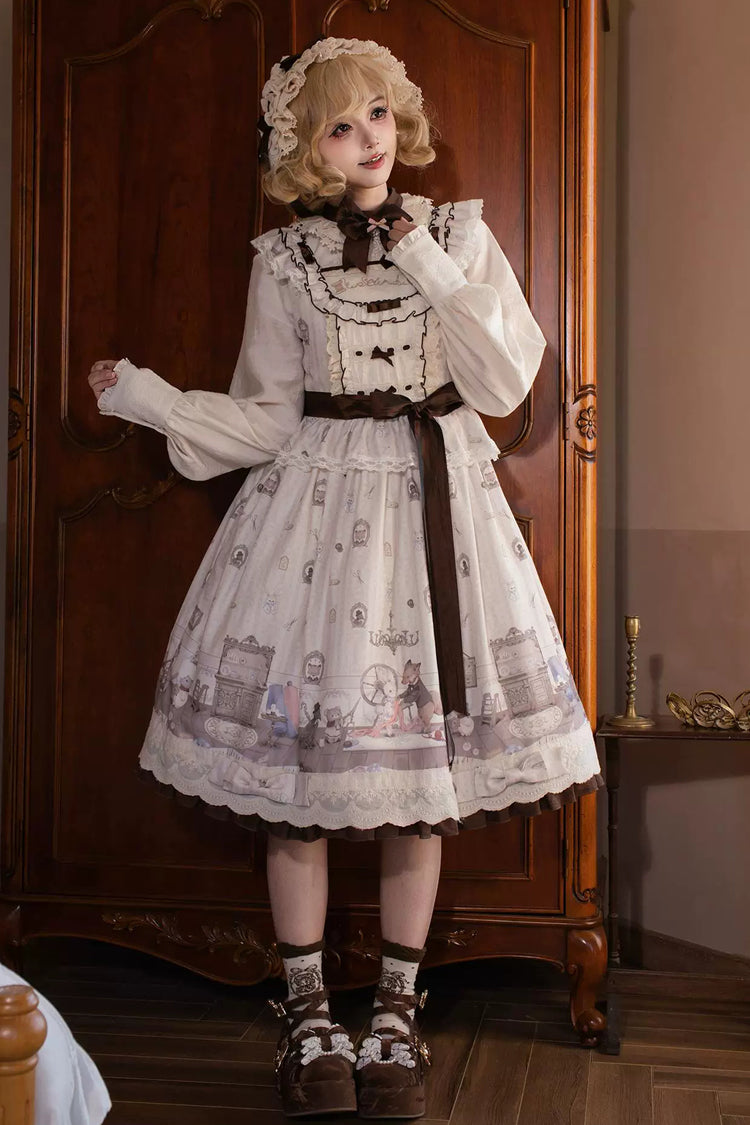 Ivory [Forest Tailor Shop] Square Collar Printed Ruffled Bow Sweet Lolita Jsk Dress - Ivory(Dress-Only) - 1