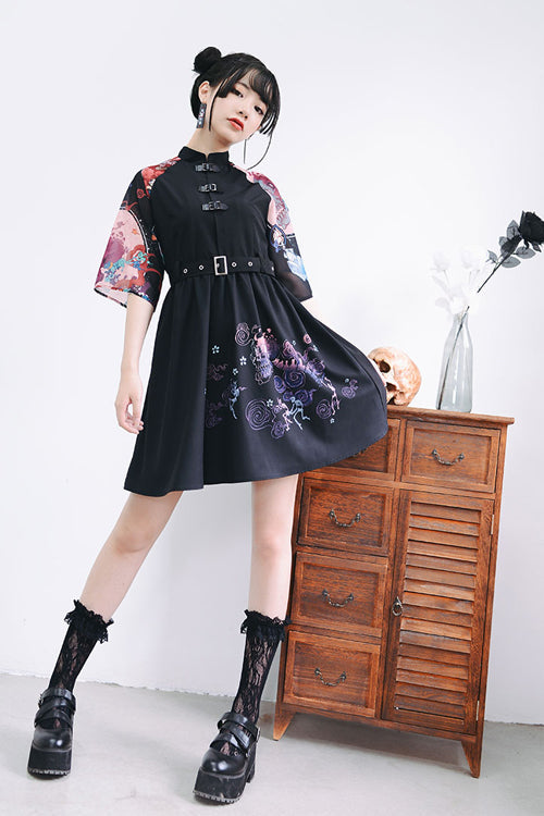 Black Stand Collar Hundred Ghosts Night Walk Colorful Print Short Sleeves High Waisted Sweet Lolita Dress - Product - 2