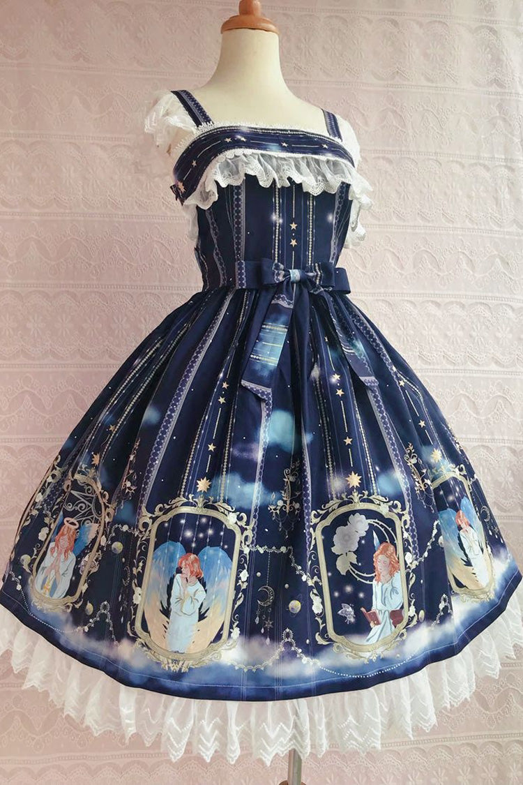 Blessing of Oriel Print Ruffle Bowknot Stitching Lace Sweet Lolita Jsk Dress 4 Colors - Dark Blue - 5