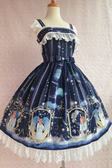 Blessing of Oriel Print Ruffle Bowknot Stitching Lace Sweet Lolita Jsk Dress 4 Colors - Dark Blue - 5