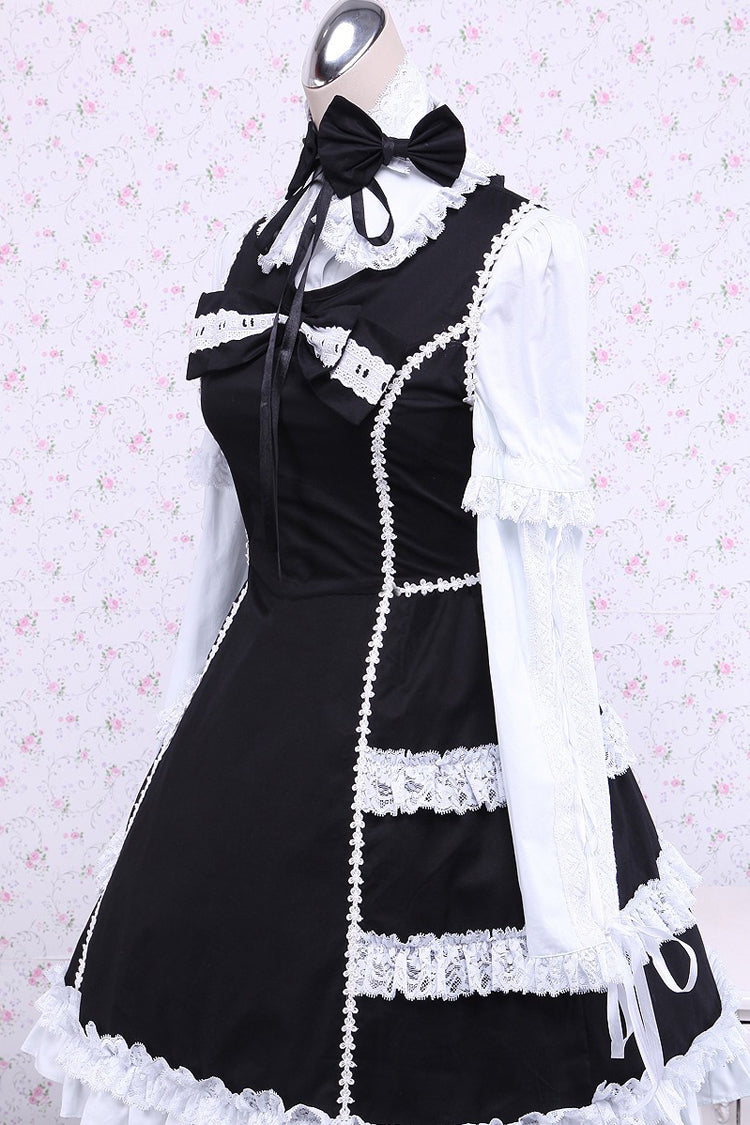 Black/White Cotton Long Sleeves Lace Trim Bowknot Gothic Lolita Dress - Product - 2