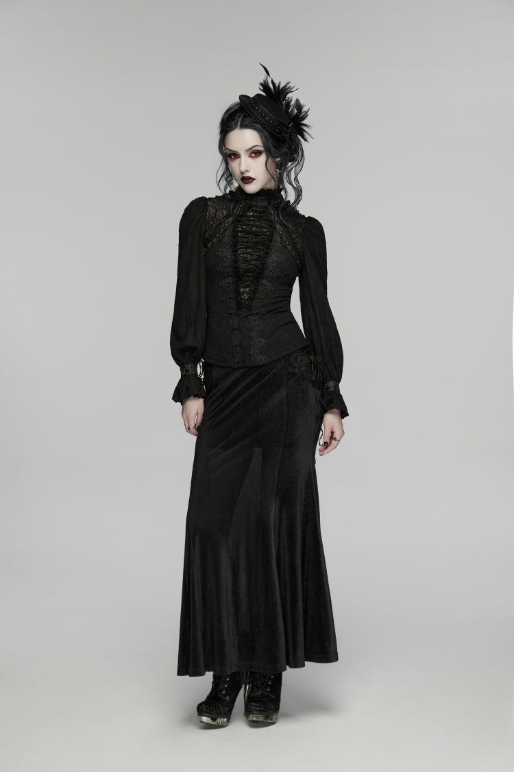 Black Stand Collar Long Sleeves Lace Lace-Up Slim Women's Gothic Blouse - Product - 8