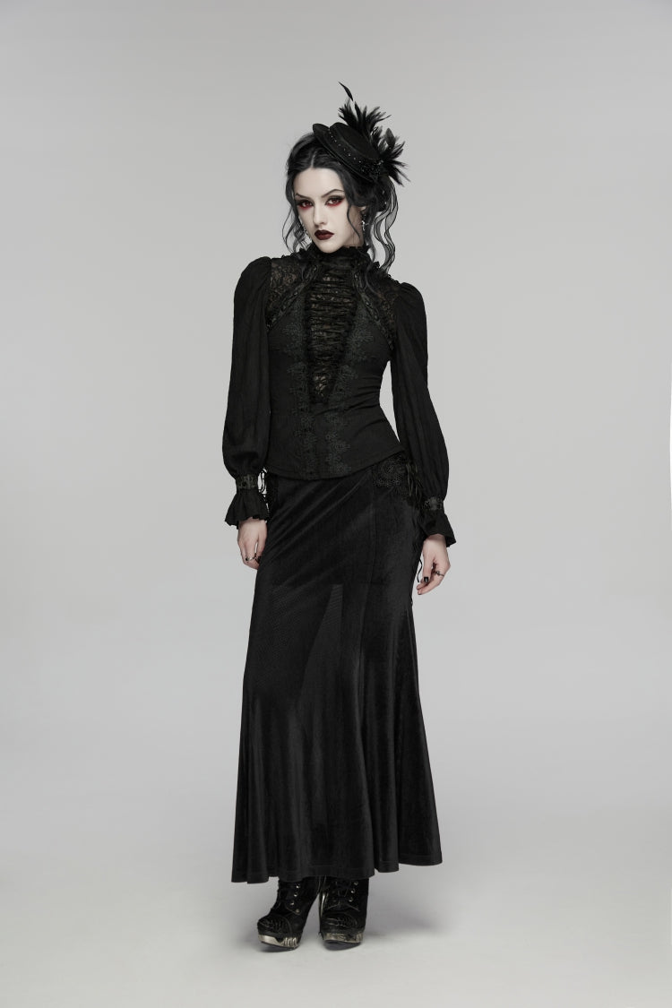 Black Stand Collar Long Sleeves Lace Lace-Up Slim Women's Gothic Blouse - Product - 8
