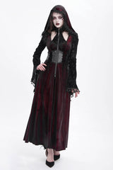 Red Long Sleeves Hollow Embroidery Hooded Ripped Women's Gothic Dress Coat - Red - 1