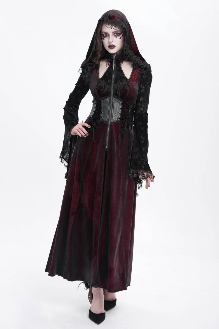 Red Long Sleeves Hollow Embroidery Hooded Ripped Women's Gothic Dress Coat - Red - 1