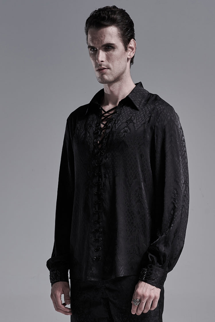 Jacquard Long Sleeve Front Metal Eyelets Lace Up Metal Carving Buckle Cuff Men's Gothic Shirt 3 Colors - Product - 4