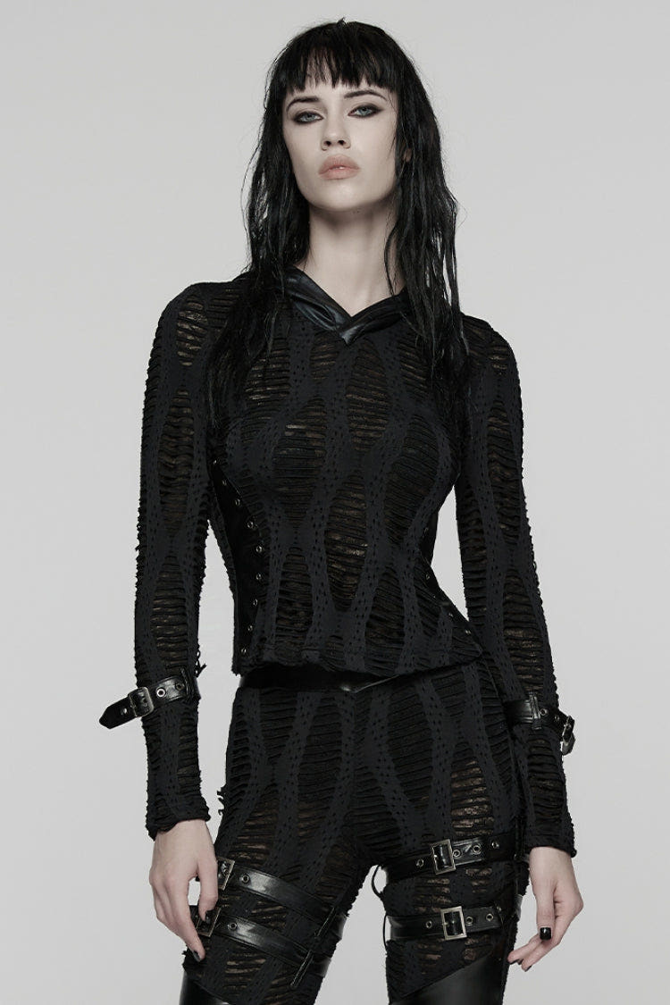 Black Long Sleeves Hooded Ripped Buckled Strappy Women's Punk T-Shirt - Black - 1