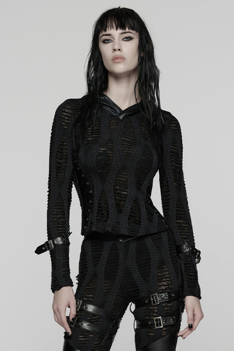 Black Long Sleeves Hooded Ripped Buckled Strappy Women's Punk T-Shirt - Black - 1