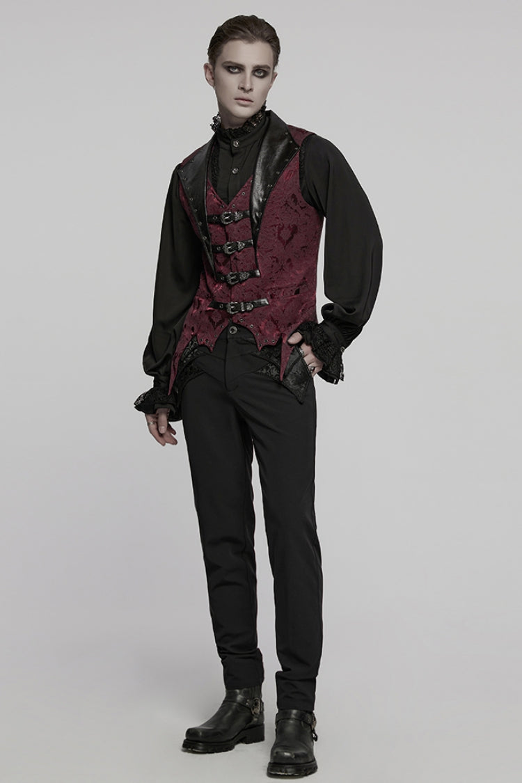 Black/Red Lapel V-neck Sleeveless Jacquard Buckle Men's Gothic Vest - Product - 4