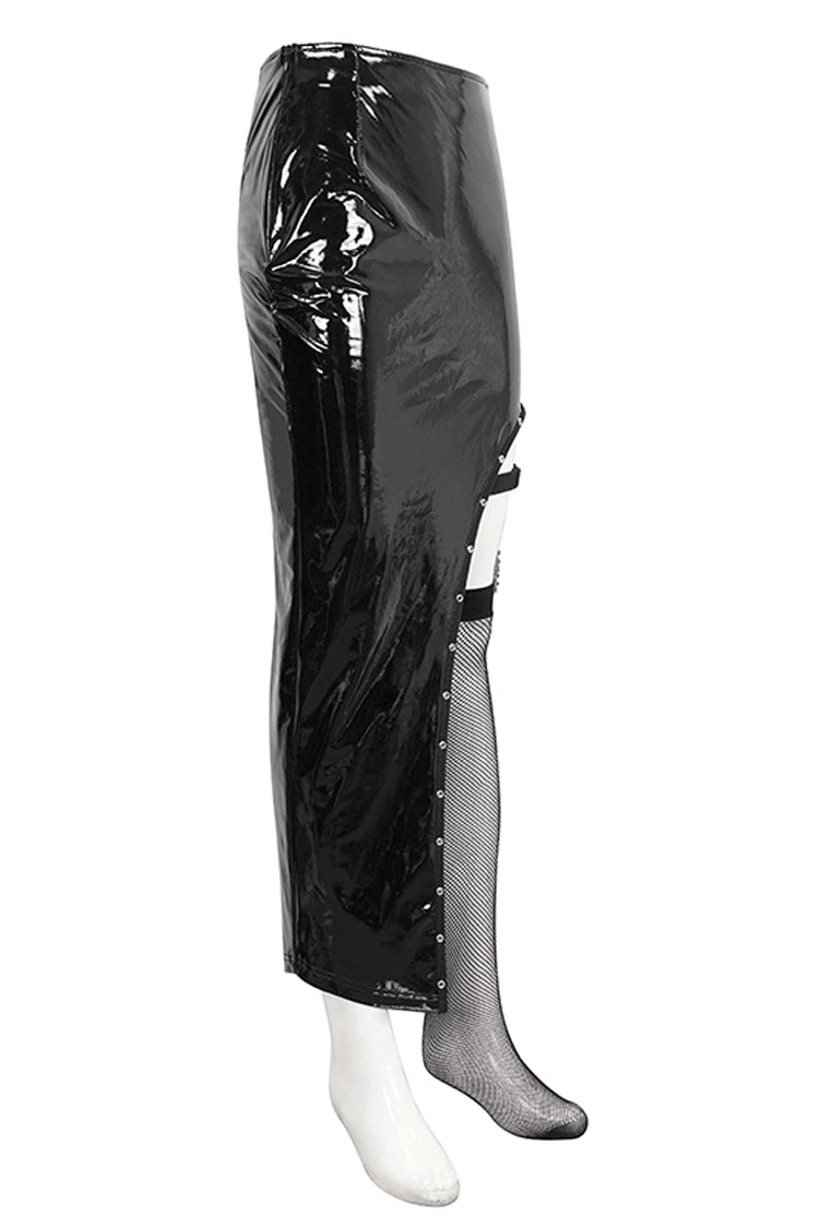 Black Irregular Patent Leather Women's Punk Skirt With Mesh Stocking - Product - 9