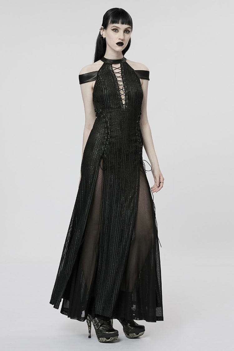 Black Side Slit Hollow Lace-Up Slim Mesh Women's Gothic Dress with Detachable Cape - Product - 3