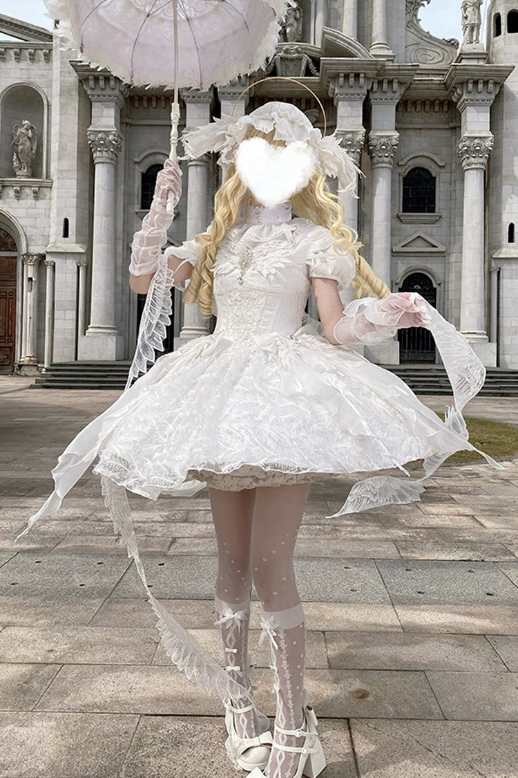 White [Feathers Floating In The Air] Square Collar Flutter Sleeves Embroidered Bow Lace Sweet Lolita Jsk Dress - Product - 6