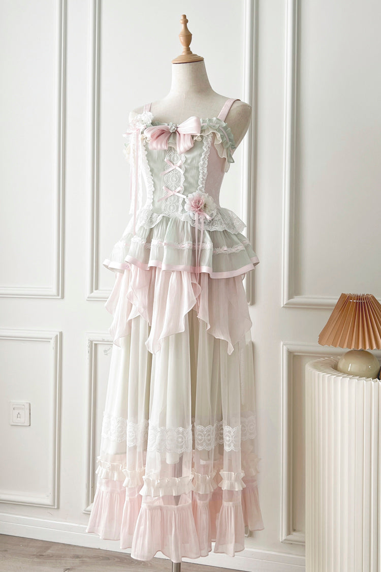 Pink/Green Summer Garden Ruffle Embroidery Bowknot Lace Sweet Lolita Jsk Long Dress - Pink/Green - 1
