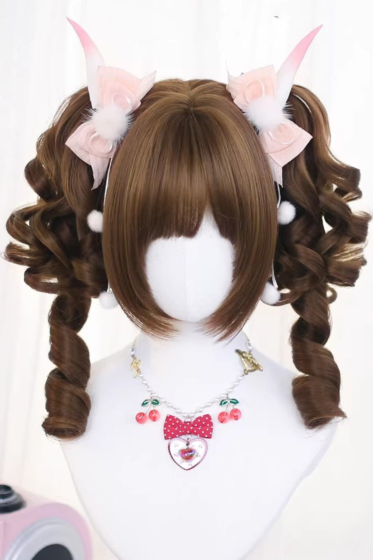 Short Roman Ringlet with Twin Pigtails Sweet Lolita Wig Set 3 Colors - Warm-Brown - 4
