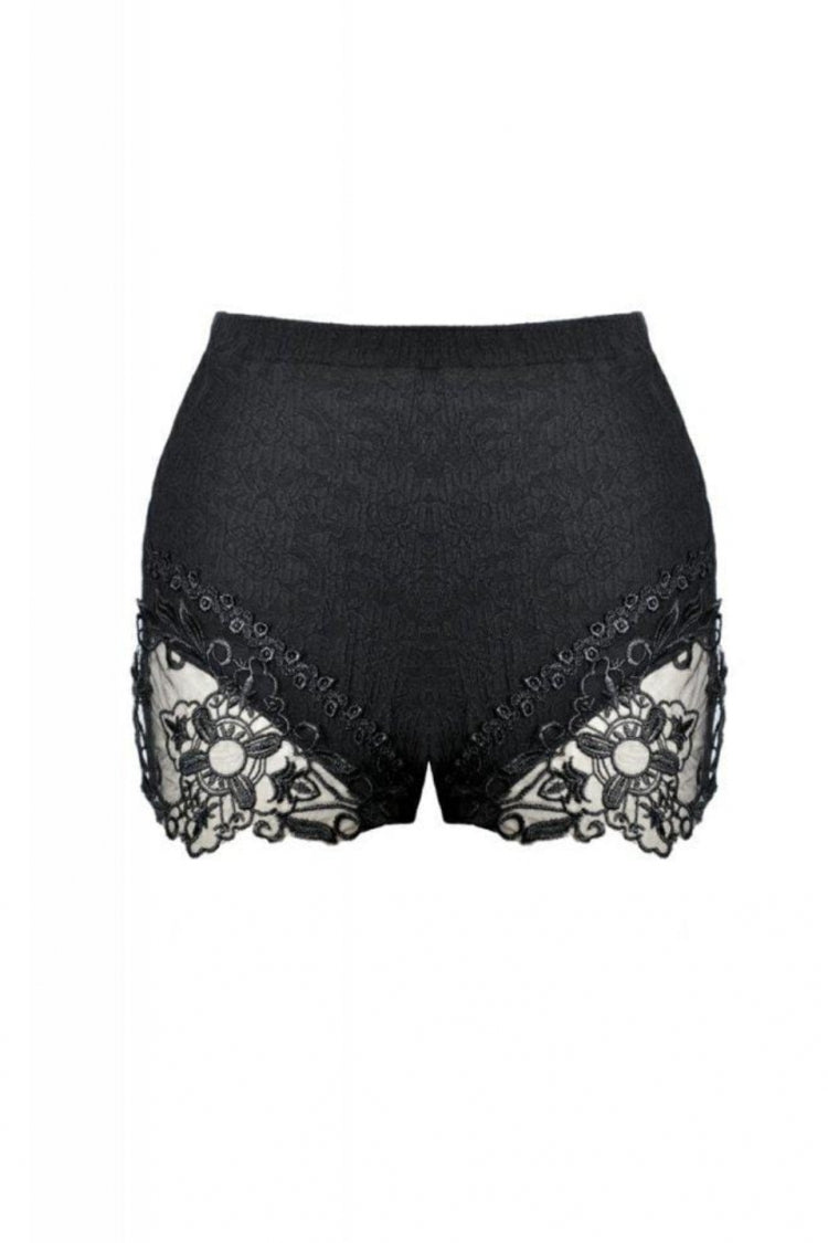 Black Floral Lace Sides Women's Gothic Short Leggings - Black - 1