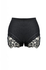 Black Floral Lace Sides Women's Gothic Short Leggings - Black - 1