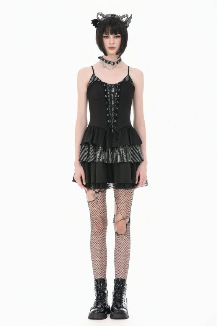 Black/White Contrast Stripes Lace-Up Multi-Layered Ruffled Hem Women's Gothic Slip Dress - Product - 6