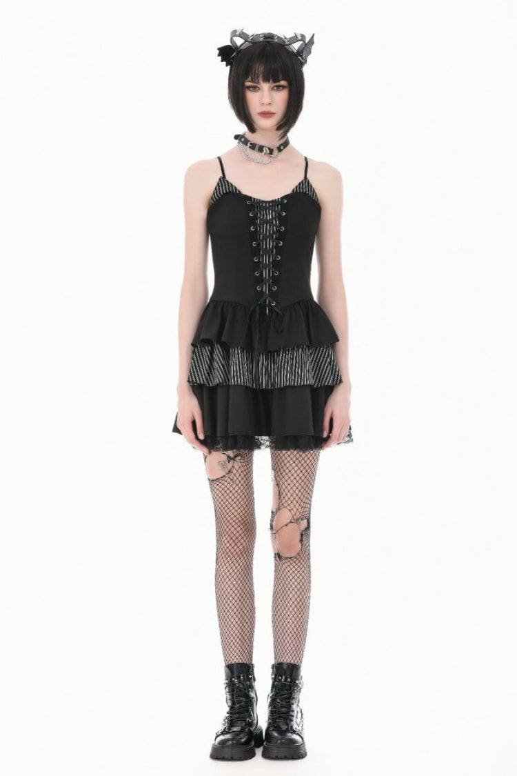 Black/White Contrast Stripes Lace-Up Multi-Layered Ruffled Hem Women's Gothic Slip Dress - Product - 6