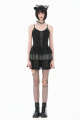 Black/White Contrast Stripes Lace-Up Multi-Layered Ruffled Hem Women's Gothic Slip Dress - Product - 6