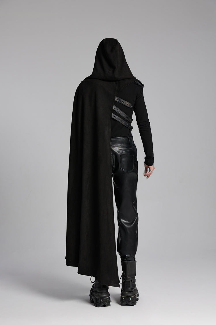 Black Hooded Buckle-up Rivets Men's Punk Cloak - Product - 3