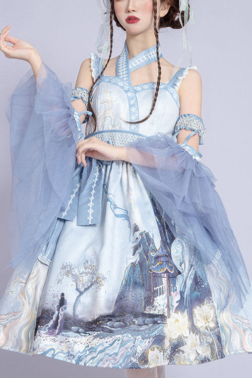 Light Blue Vintage Landscape Garden Chinese Style Print High Waisted Ruffled Classic Lolita JSK Dress - Blue - 1