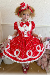 [A Day as a Candy Shop Owner] Peter Pan Collar Short Sleeves Printed Bow Sweet Lolita Dress 3 Colors (Red, Blue, Pink) - Product - 19
