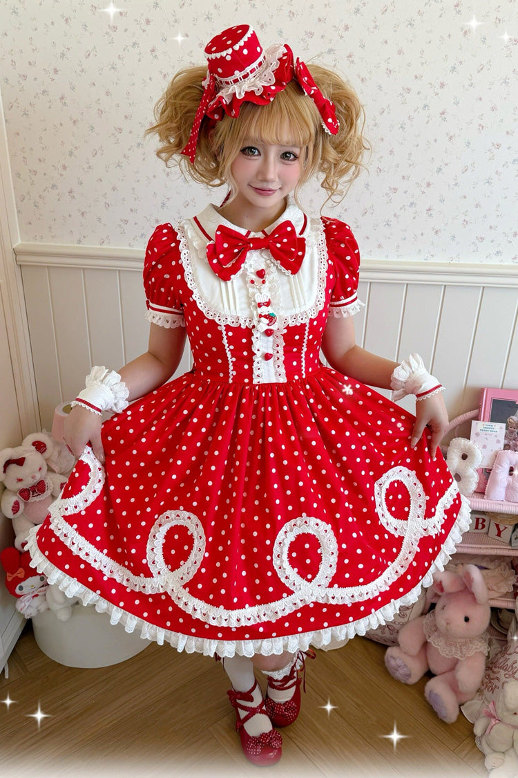 [A Day as a Candy Shop Owner] Peter Pan Collar Short Sleeves Printed Bow Sweet Lolita Dress 3 Colors (Red, Blue, Pink) - Product - 19