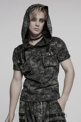 Grey Short Sleeves Big-pocket Tie-dyed Hooded Men's Punk T-Shirt - Grey - 1