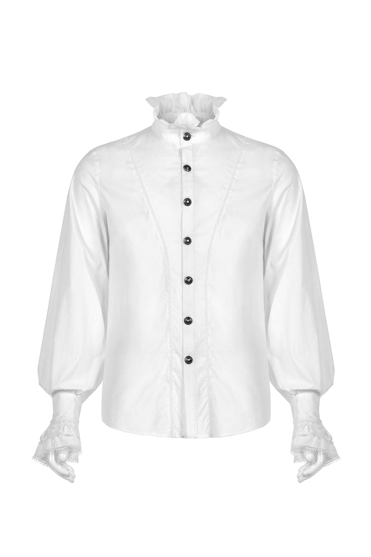White Stand Collar Lantern Sleeves Slim Men's Gothic Blouse - Product - 5