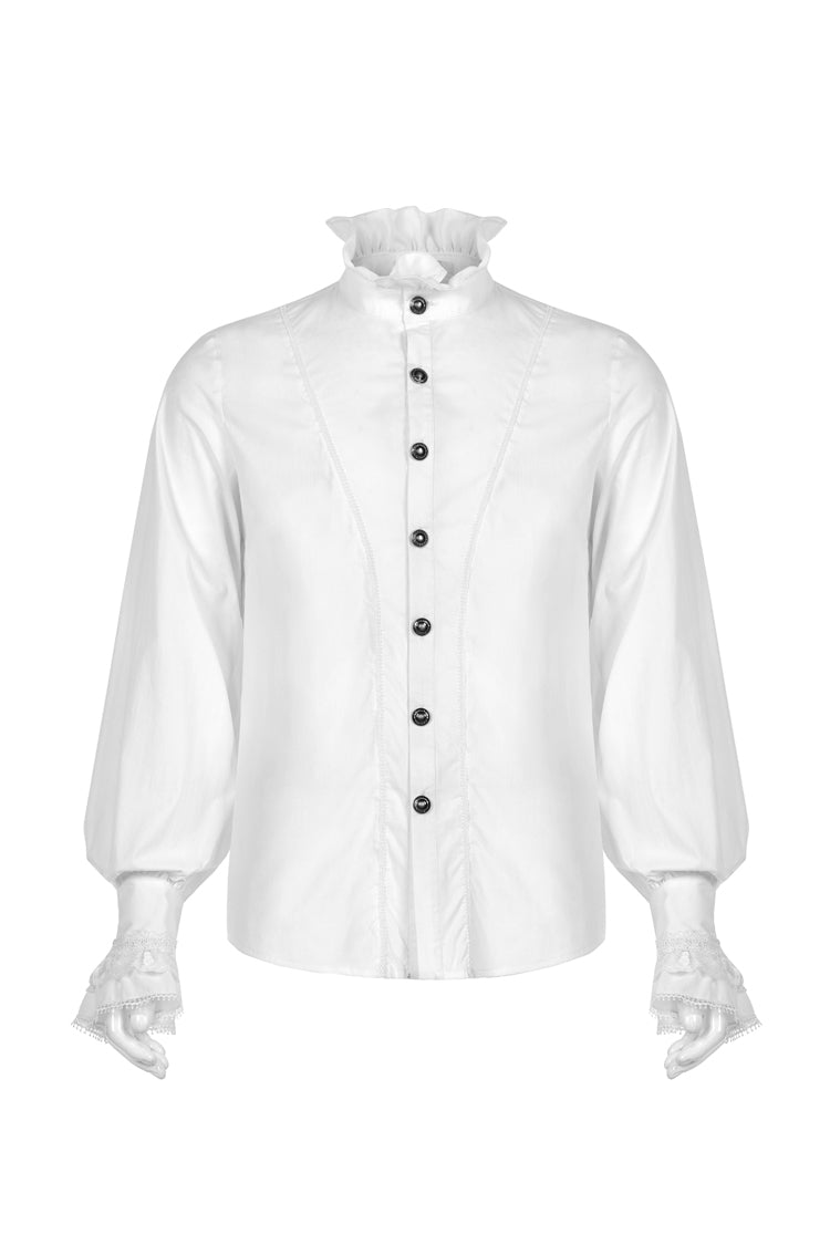 White Stand Collar Lantern Sleeves Slim Men's Gothic Blouse - Product - 5