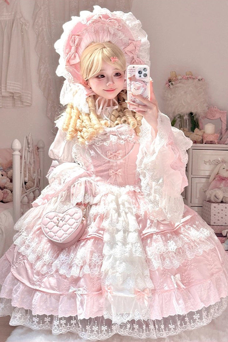 Pink [Ten Miles of Peach Blossoms] Sleeveless Multi-Layered Ruffle Embroidery Cardigan Bowknot Lace Pearl Sweet Gorgeous Lolita Jsk Dress - Pink - 1