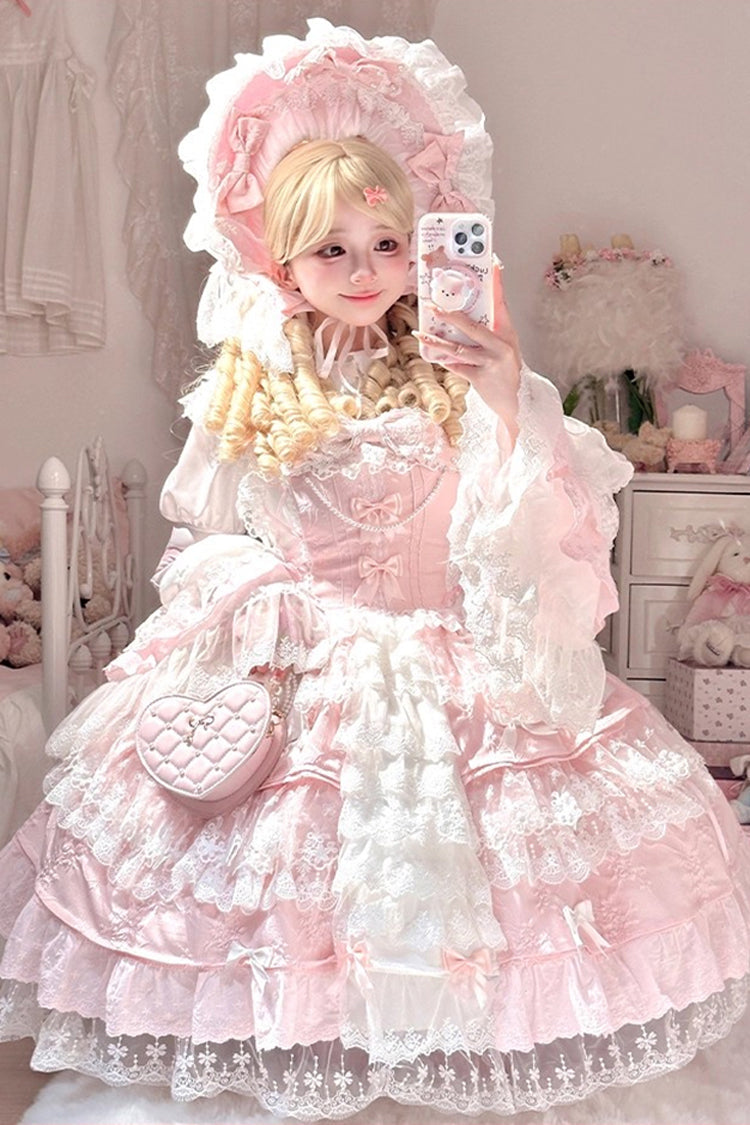 Pink [Ten Miles of Peach Blossoms] Sleeveless Multi-Layered Ruffle Embroidery Cardigan Bowknot Lace Pearl Sweet Gorgeous Lolita Jsk Dress - Pink - 1